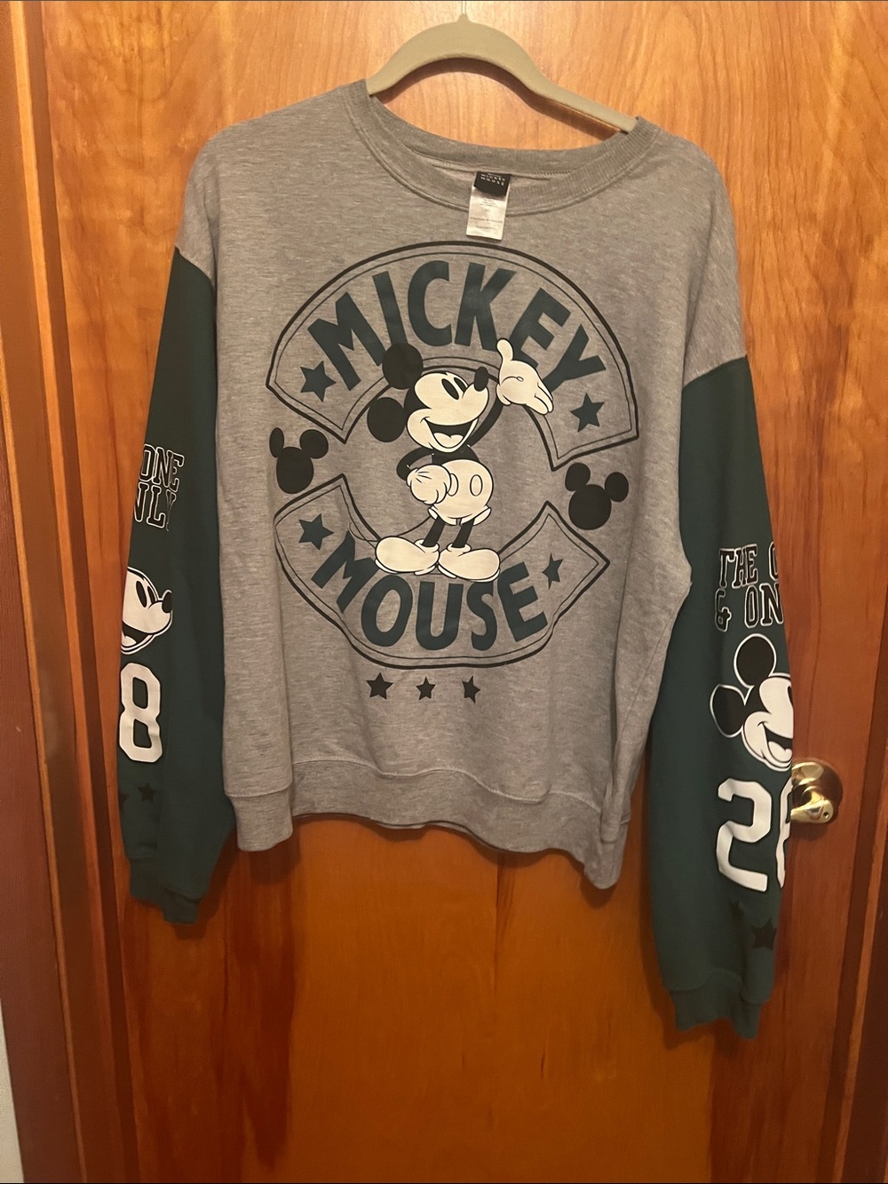 Disney Mickey Mouse Gray Crewneck Sweatshirt with Dark Green Sleeves